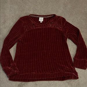 Knox Rose Deep Red Velvety Top with Criss Cross Laced Trim- size Medium, EUC